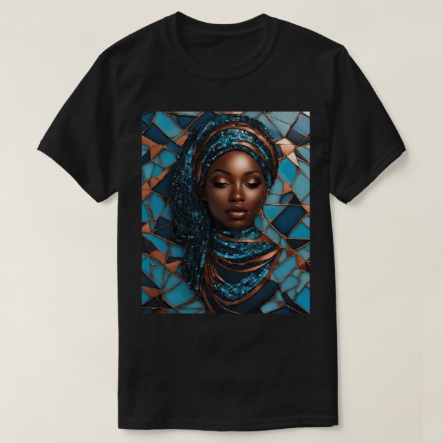 Camiseta T-Shirt Mosaico de Cobre Azul-Mulher Negra (Frente do Design)