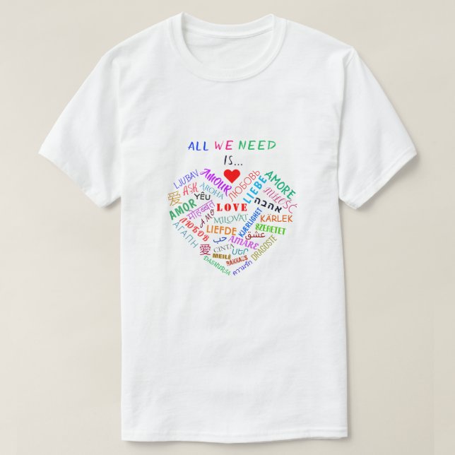 Camiseta T-Shirt Multilíngue com Texto de Palavra de Amor (Frente do Design)