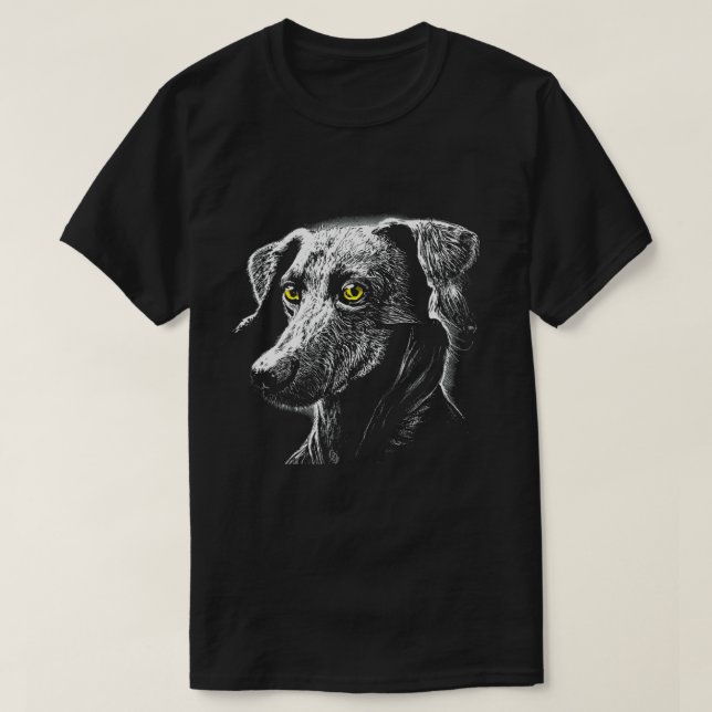 Camiseta T-Shirt Mutt-Scratchboard de Olhos Verdes (Frente do Design)