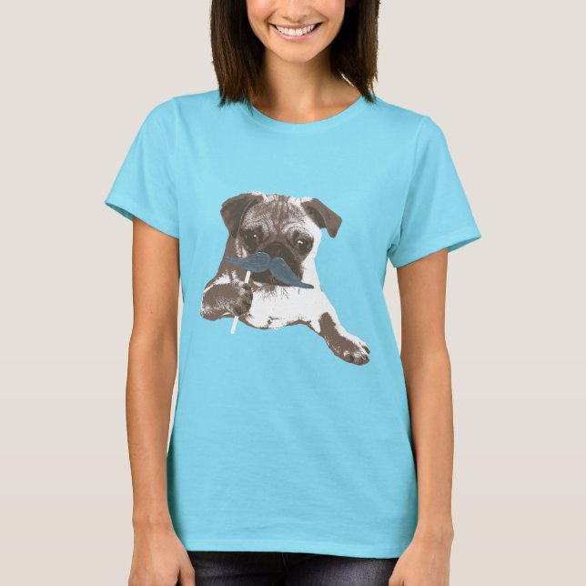 Camiseta T-Shirt na moda Blue Mustache Pug (Frente)