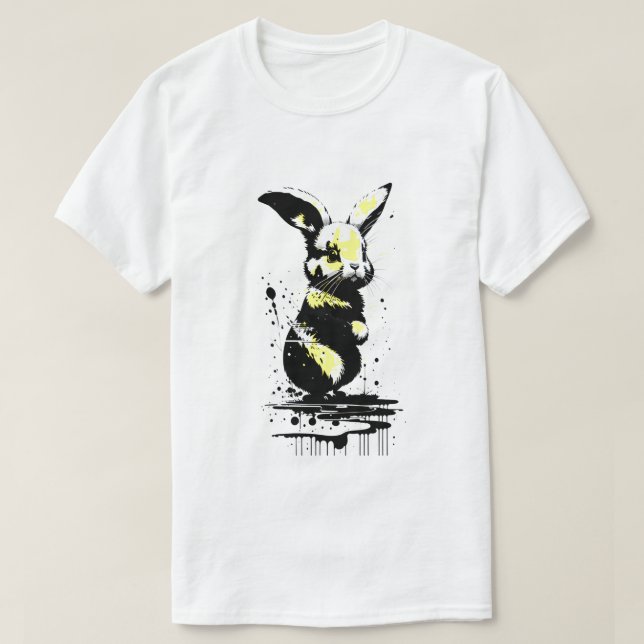 Camiseta T-Shirt Natal de Coelhinho da Páscoa preto e amare (Frente do Design)