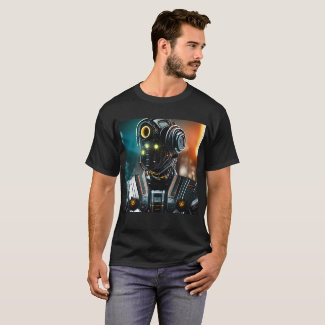 Camiseta T-shirt negra dos robôs 3 homens (Frente Completa)