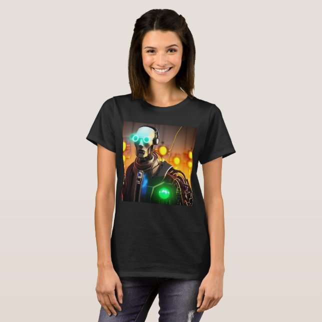 Camiseta T-shirt negra feminina Robot 2 (Frente Completa)