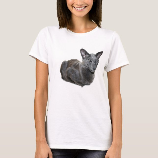Camiseta T-shirt oriental azul do gato de Shorthair (Frente)