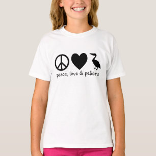 Camiseta T-Shirt para Paz, Amor e Pelicanos