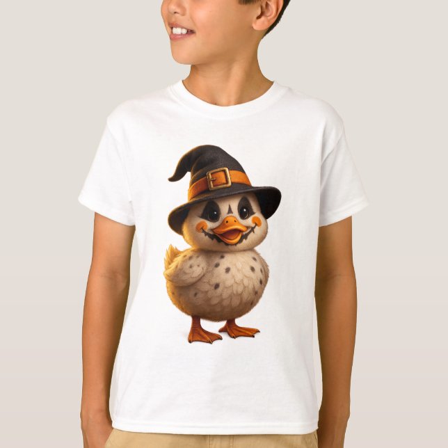 Camiseta T-Shirt Pato De Bruxa De Halloween Para Crianças - (Frente)