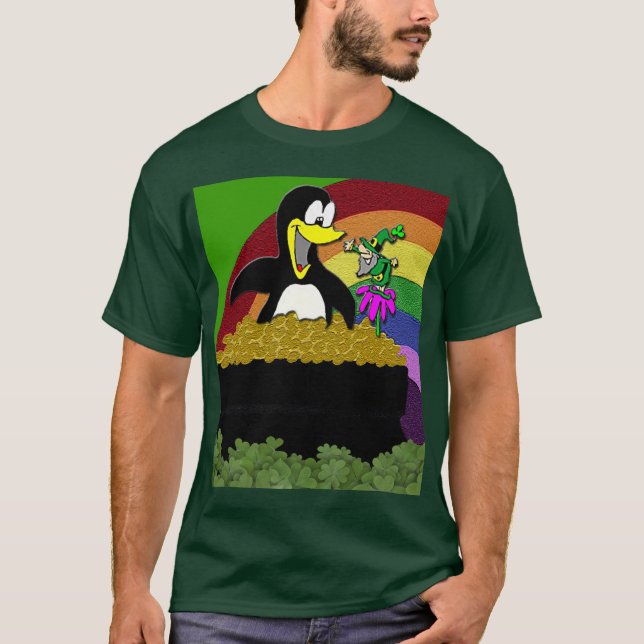 Camiseta T-Shirt Pinguin, Leprechaun, Dourado e Arco-Íris (Frente)