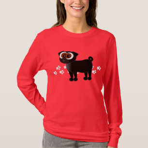 Camiseta T-shirt preto de Longsleeve do Pug - vermelho