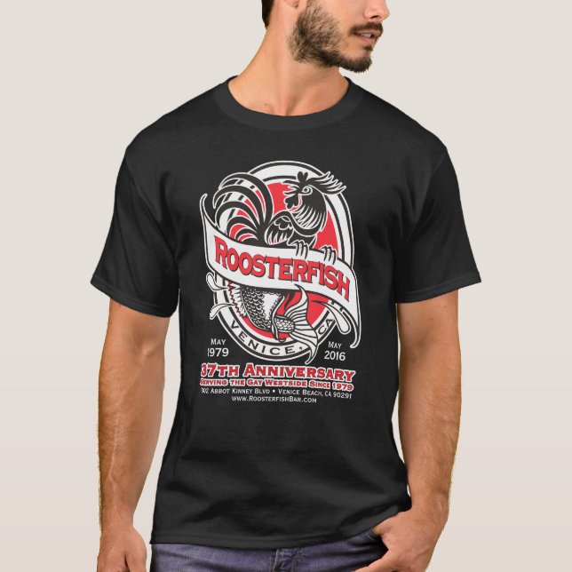 Camiseta T-shirt preto do aniversário dos Roosterfish 37th (Frente)
