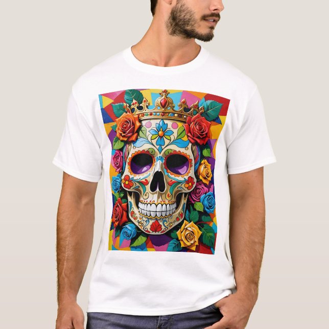 Camiseta T-Shirt Real Sugar Skull com Rosas Coloridos (Frente)