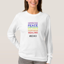 Camiseta t-shirt Reiki com cores das 7 chakras.