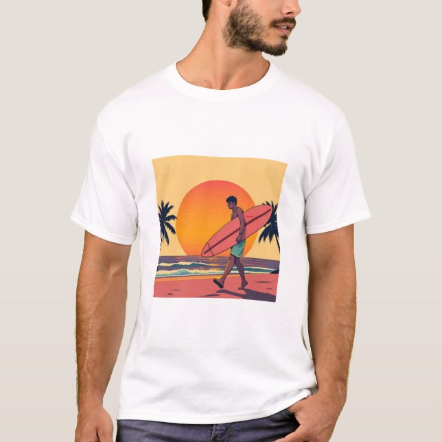 Camiseta T-Shirt Retro Sunset Surfer Beach (Frente)