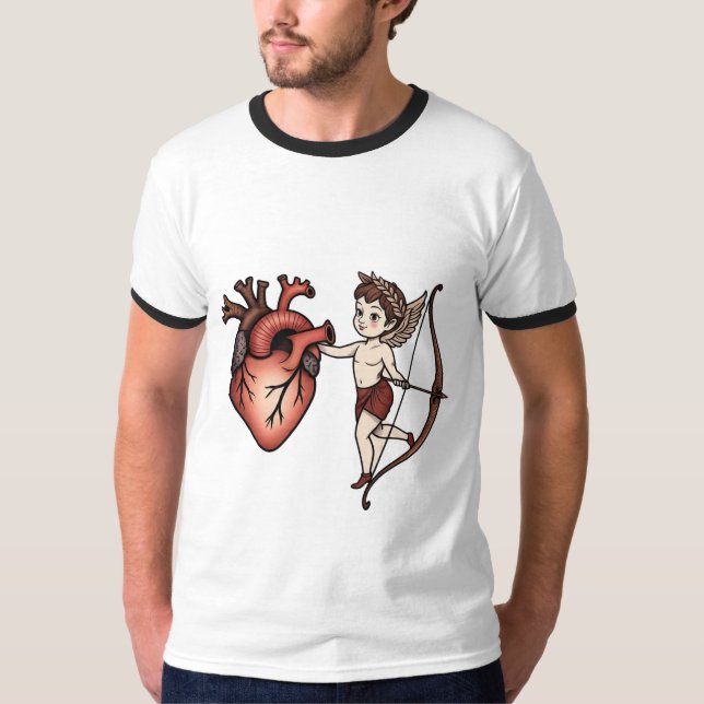 Camiseta T-Shirt Tradicional Tatuagem Cardíaca e Cupido (Frente)