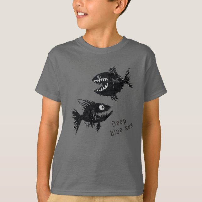 Camiseta T-shirt Two scary fish, tattoo style, personalized (Frente)