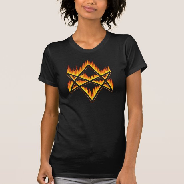 Camiseta T-shirt Unicursal flamejante do Hexagram (Frente)