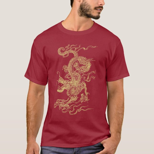 Camiseta T-shirt unisex do dragão chinês vermelho e Dourado (Frente)