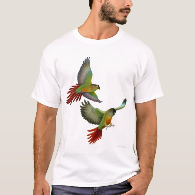 Camiseta T-shirt verde de Cheeked Conures (Frente)
