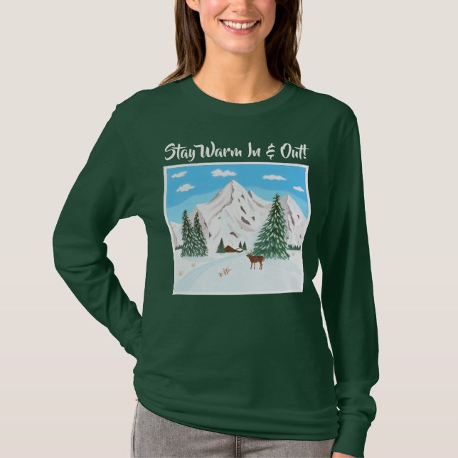 Camiseta T-Shirt Verde de Longa Mancha Montanhas de Neve (Frente)