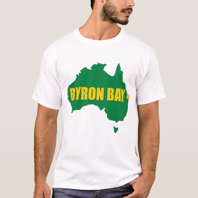 Camiseta T-shirt verde e Dourado da baía de Byron do mapa (Frente)