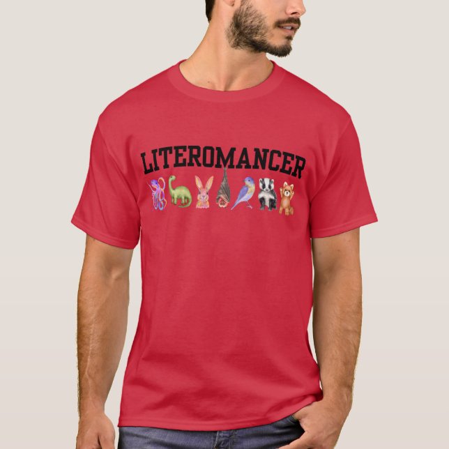 Camiseta t-shirt vermelha do literomanizador com totens da  (Frente)
