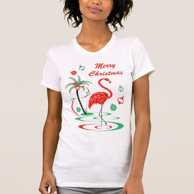 Camiseta T-shirt vermelho do Feliz Natal do flamingo do (Frente)