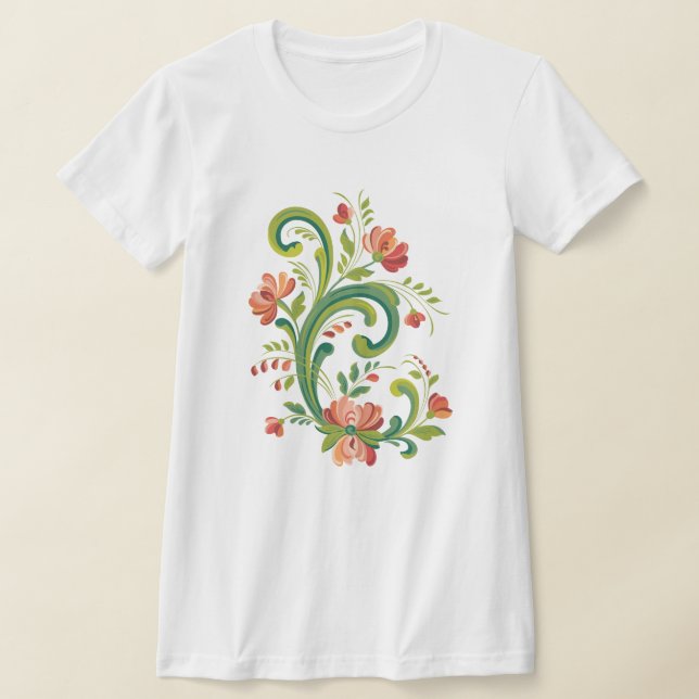 Camiseta T-Shirt Vermelho e Rosa Rosemaling (Postura )