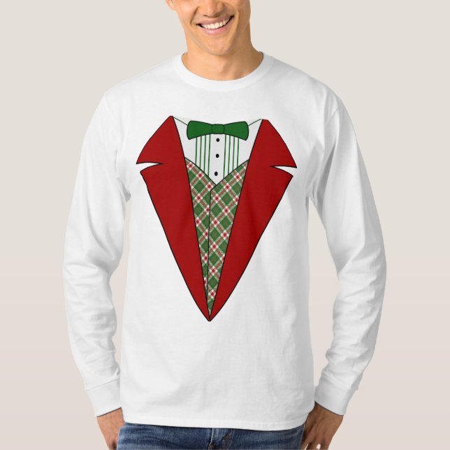 Camiseta T-shirt, vermelho e verde do smoking do Natal (Frente)