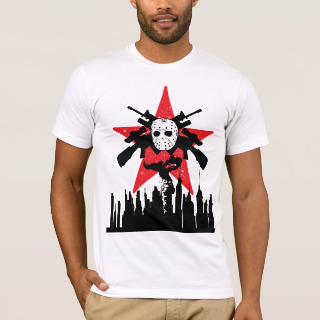 Camiseta T-shirt vermelhos do assassino da máscara de esqui (Frente)
