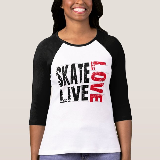 Camiseta T-shirt vivo do amor do skate das mulheres (Frente)