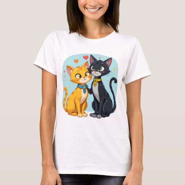 Camiseta T-ShirtBlack Cat e Yellow Cat apaixonado por coraç (Frente)