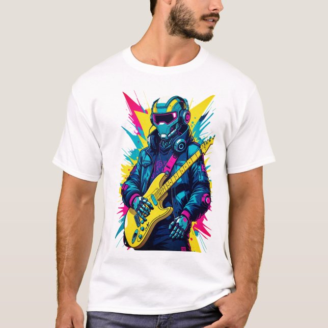 Camiseta T-ShirtCyberpunk Robot Guitarist Synthwave Art Tee (Frente)