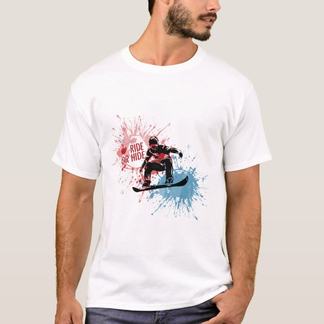 Camiseta T-shirts com um homem a saltar num snowboard. (Frente)