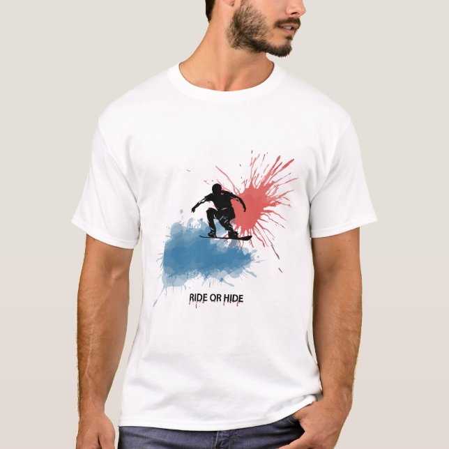 Camiseta T-shirts com um homem a saltar num snowboard. (Frente)