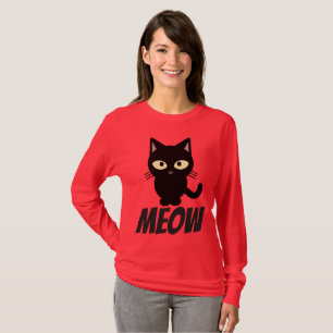 Camiseta T-shirts de gato preto e bonito, MEOW, engraçado