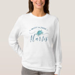 Camiseta T-shirts de tartaruga marítima personalizada para<br><div class="desc">Comemore seu casamento na praia na Flórida com esta camiseta de casamento personalizada de manga longa apresentando um belo design de tartaruga-do-mar em tons de turquesa. Perfeito para a aparência de noiva e noiva, esta camisa é divertida e na moda para além das suas festividades de casamento — seja caminhando...</div>
