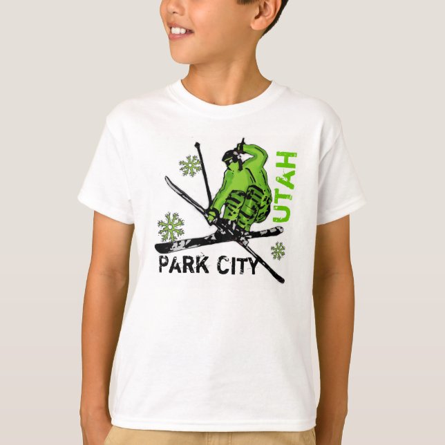 Camiseta T verde dos meninos do esquiador do tema de Park (Frente)