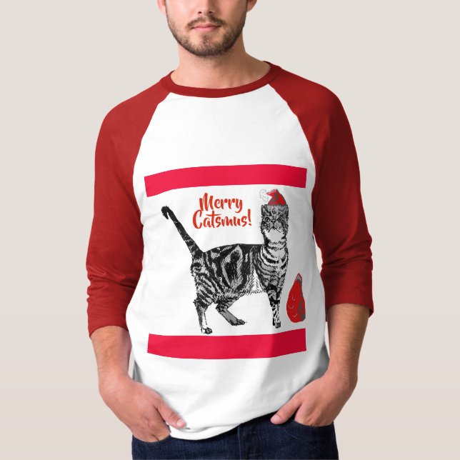 Camiseta Tabby Cat Feliz Natal Catsmus Red Funny Cats T (Frente)