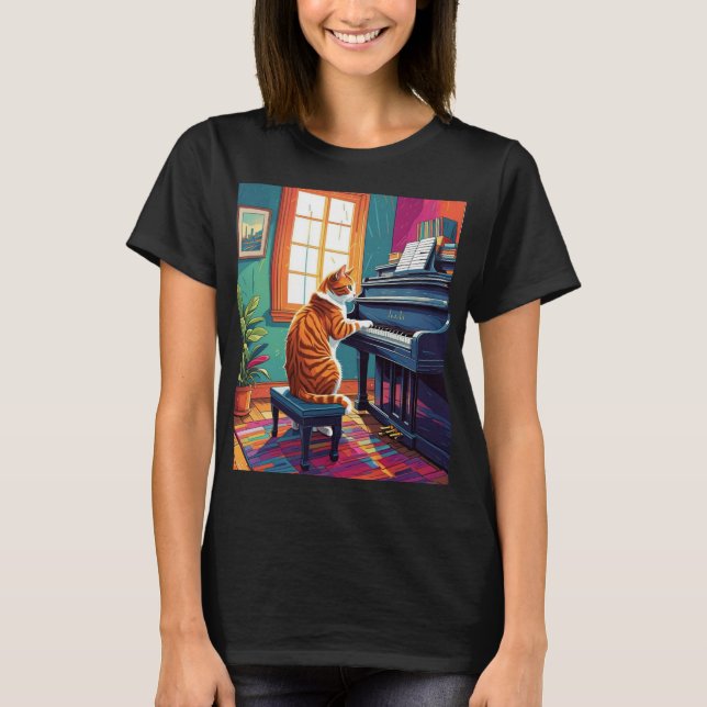 Camiseta Tabby Cat Tocando o Piano (Frente)