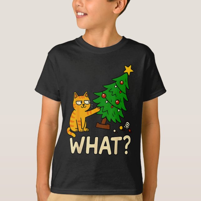 Camiseta Tabby Cat Xmas Cat Pushing Christmas Tree Over Cat (Frente)