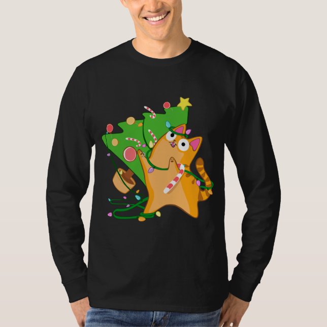 Camiseta Tabby de Laranja de Natal com árvore de Natal Zoom (Frente)