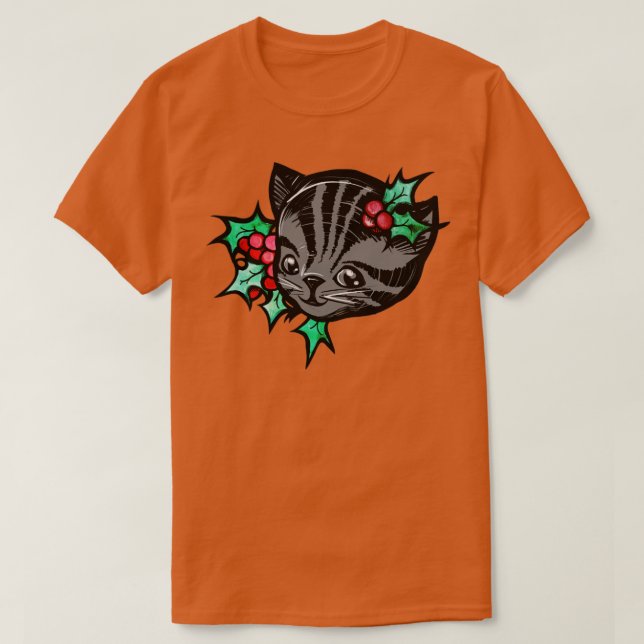 Camiseta Tabby Gato de Tigre de Cinza Holly de Natal (Frente do Design)