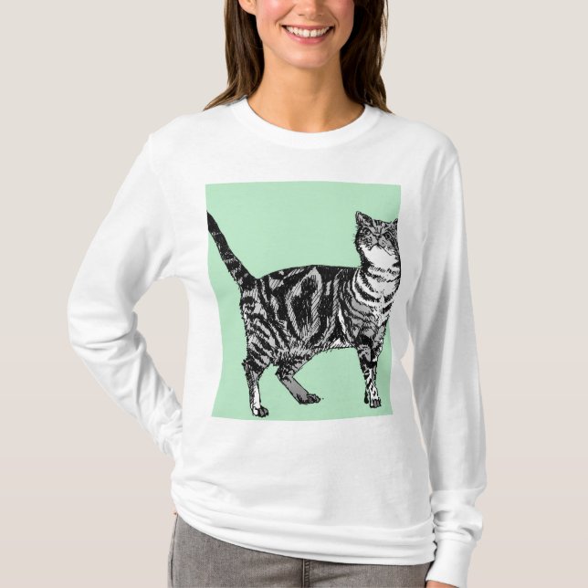 Camiseta Tabby Gato Gato-Gato Arte Longa Capa (Frente)
