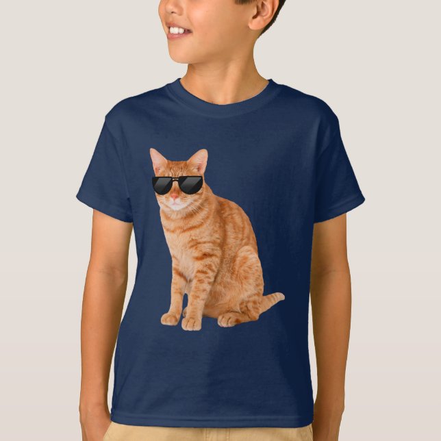 Camiseta Tabby Laranja Engraçado Gato Com Óculos De Sol (Frente)