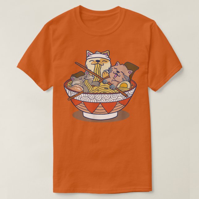 Camiseta Taça De Gatos Ramen Comendo Noodles Engraçado Nove (Frente do Design)