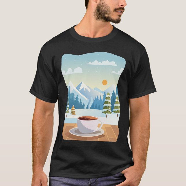 Camiseta Taça do Café e Vista das Montanhas do inverno (Frente)