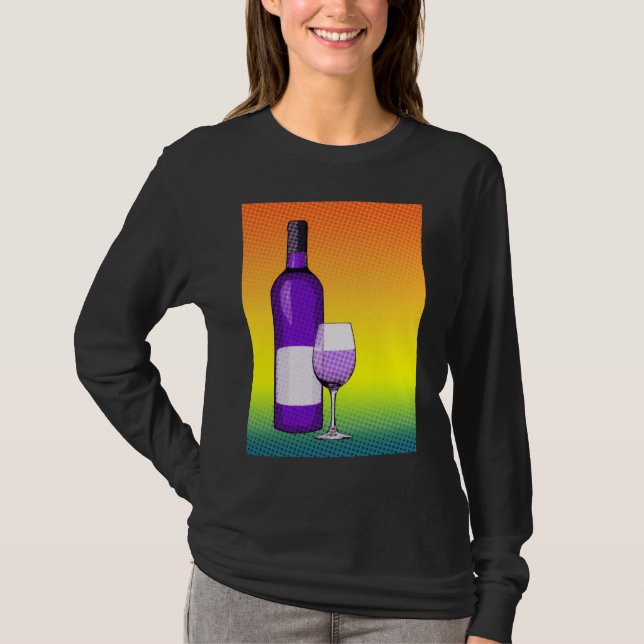Camiseta taça e garrafa de vinho em banda desenhada (Frente)