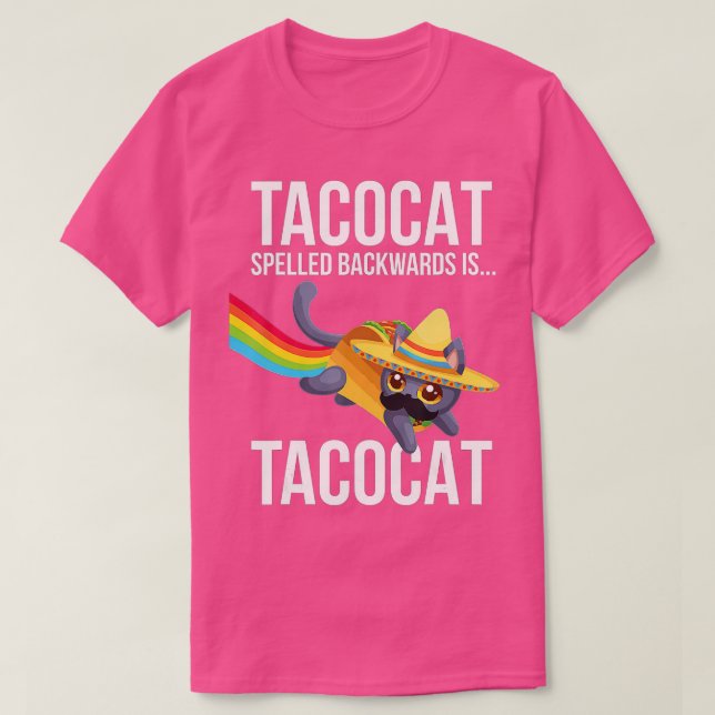 Camiseta Taco Cat Ortografado Para Trás Palindrome - Gato E (Frente do Design)