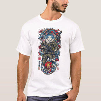 Camiseta Tactical Samurai Cat Warrior with Dragon and Katan