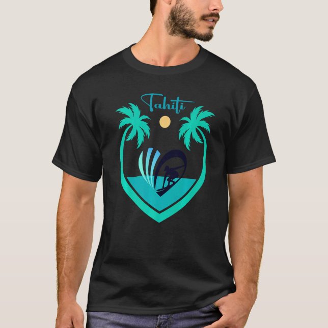 Camiseta Taiti Surfing Palm Tree Polinesia Surf Pacific Se (Frente)