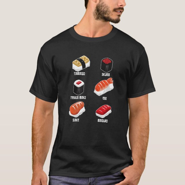 Camiseta Tamago, Ikura, Ebi, Tekka Maki, Maguro, Sake Premi (Frente)